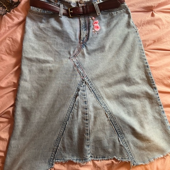 Hand made from Levis Jeans Dresses & Skirts - Handmade A-Line Denim Skirt with Cherry Blossom patches and Zipper Closure.